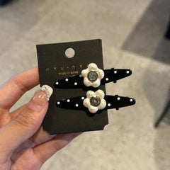 New Sweet Polka Dot Pearl Flower Clip Womens Bangs Clip Elegant Fashion Korean Style Duckbill Hair Rhinestone Accessory Pair Set