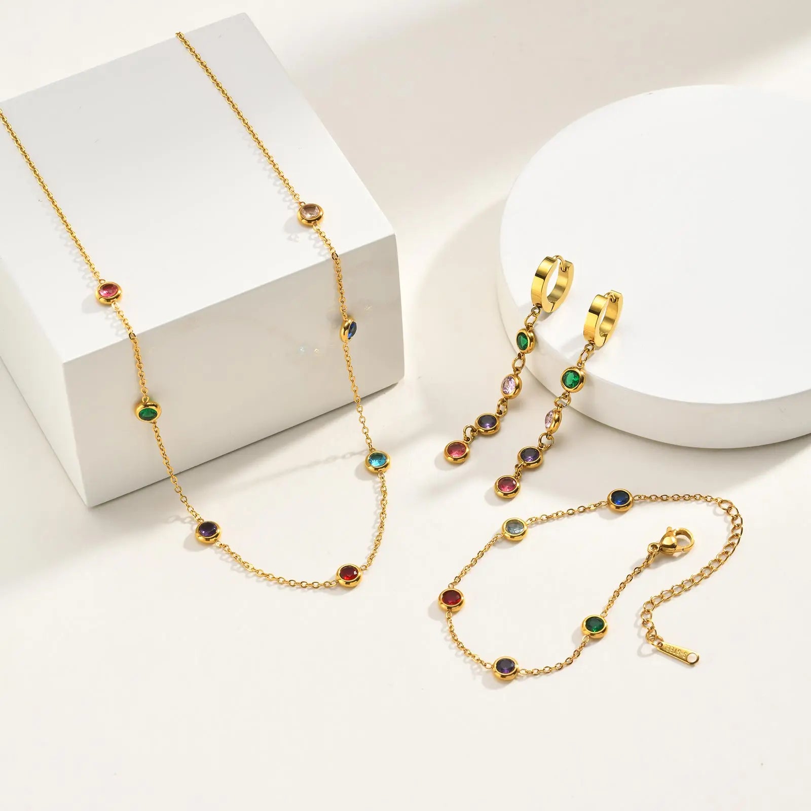 Dainty Colorful CZ Station Choker Necklace, Womne's Gold Plated Stainless Steel Chain Tarnish Free S