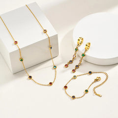 Dainty Colorful CZ Station Choker Necklace, Womne's Gold Plated Stainless Steel Chain Tarnish Free S