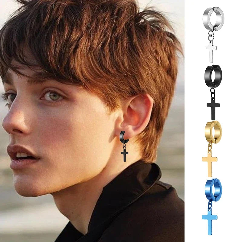 Stainless Steel Clip On Cross Earrings | Non Piercing Gothic Punk Jewelry for Men Wom lifestyle view