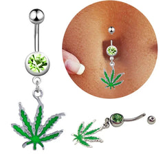 1/2pcs 316L Stainless Steel Leaf Belly Button Ring for Women, Green Maple Leaf Dangle Belly Barbell