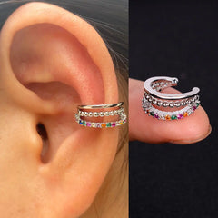 Geometric Rainbow CZ Cuff Clip On Earrings for Women