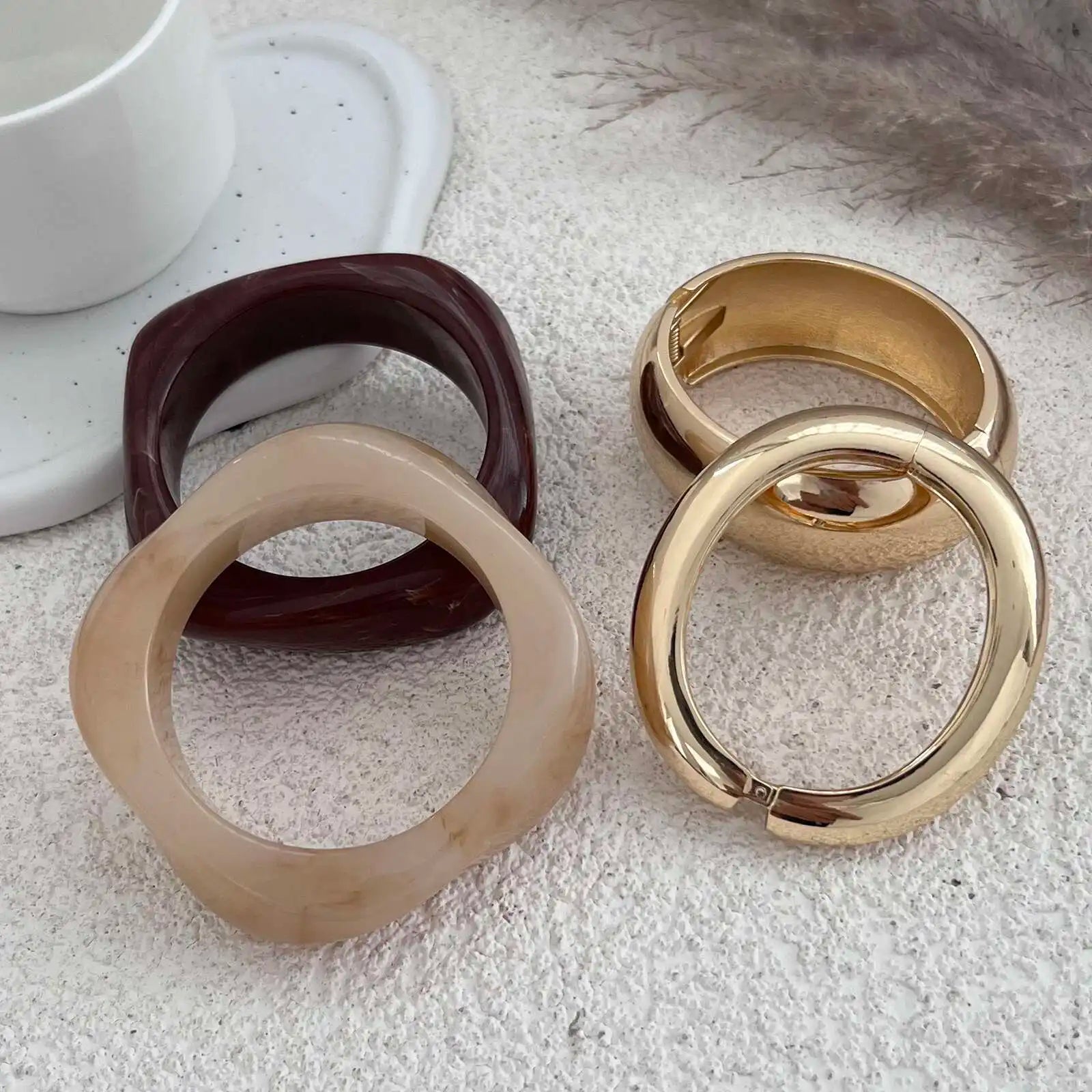 IngeSight.Z Vintage Irregular Resin Wide Bangle Bracelet Women Punk Geometric Wide Met close-up view
