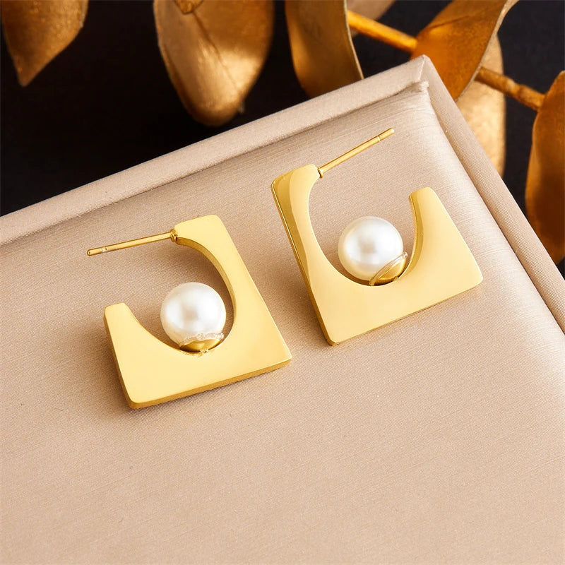 316L Stainless Steel Pearl Round Stud Earrings for Women additional angle