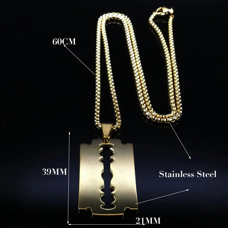 Gothic Blade Razor Pendant Necklace | Stainless Steel Black Goth Men's Chain lifestyle view