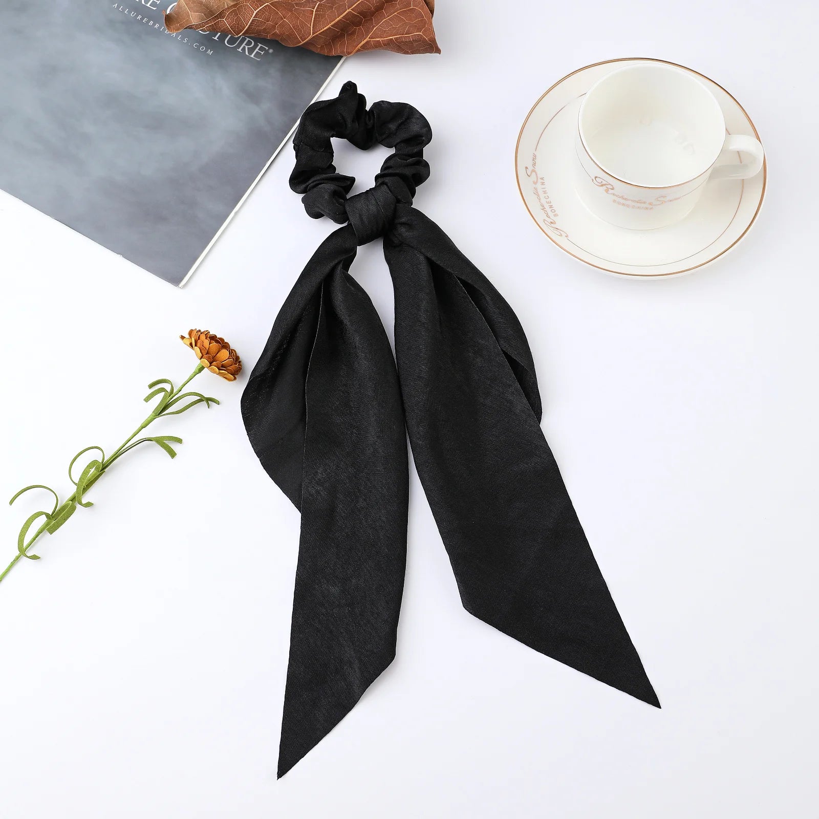 Fashion Flower Print Bow Satin Long Ribbon Ponytail Scarf Tie Scrunchies Women Girls lifestyle view