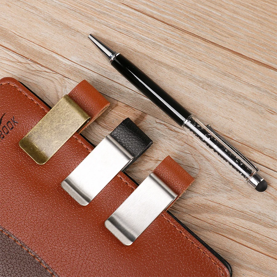 Handmade Leather Brass Stainless Steel Pen Holder Clip Journal Notebook Paper Folde additional angle