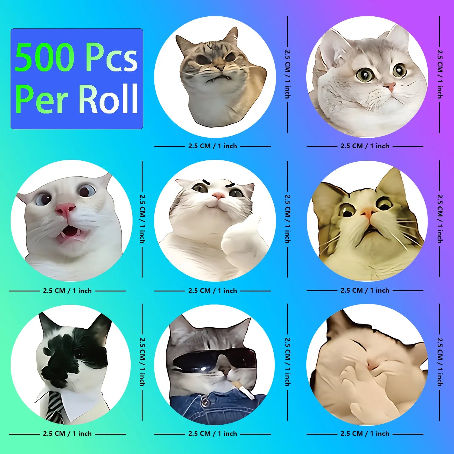 Funny Cat Meme Stickers for Kids | 100 or 500 Pack Teacher Reward Stickers additional angle