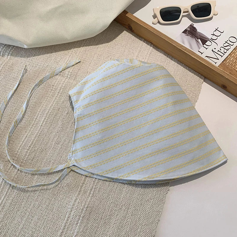 Women's Large Brim Foldable Bucket Hat with Chin Strap | Korean Style Striped Panama S close-up view