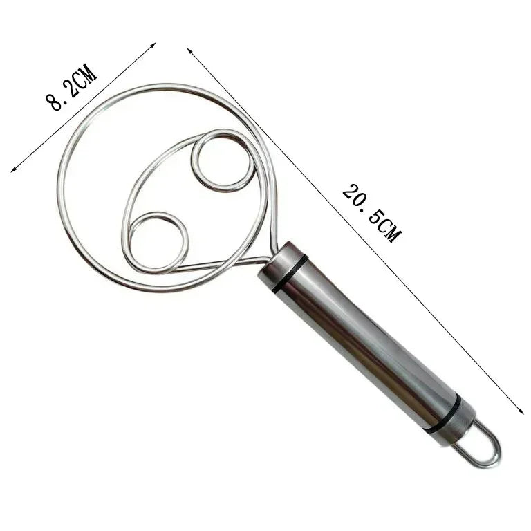 Stainless Steel Danish Dough Whisk | Wooden Handle Bread Mixer for Baking close-up view