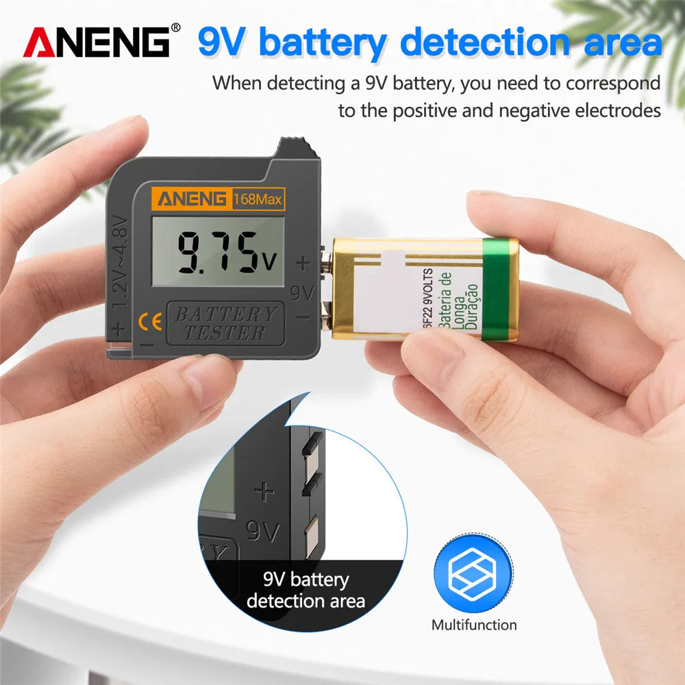 ANENG 168Max Digital Battery Tester | Universal Battery Checker for AA AAA C D 9V and close-up view
