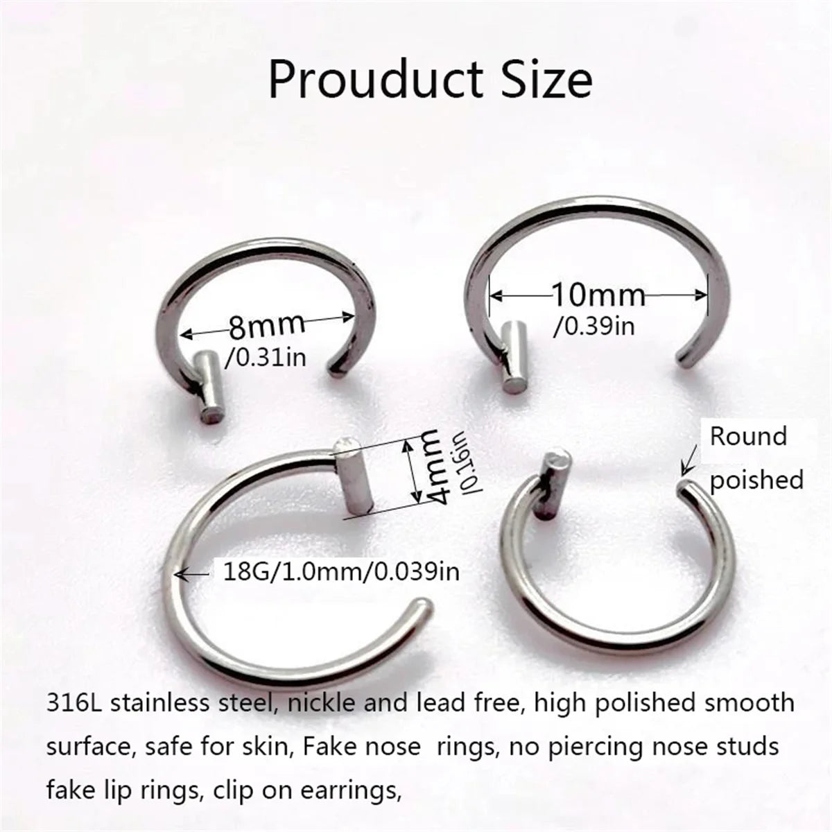 2/4Pcs 18G 316L Stainless Steel Fake Lip Rings for Women Men, Fake Septum Nose Ring C alternate view