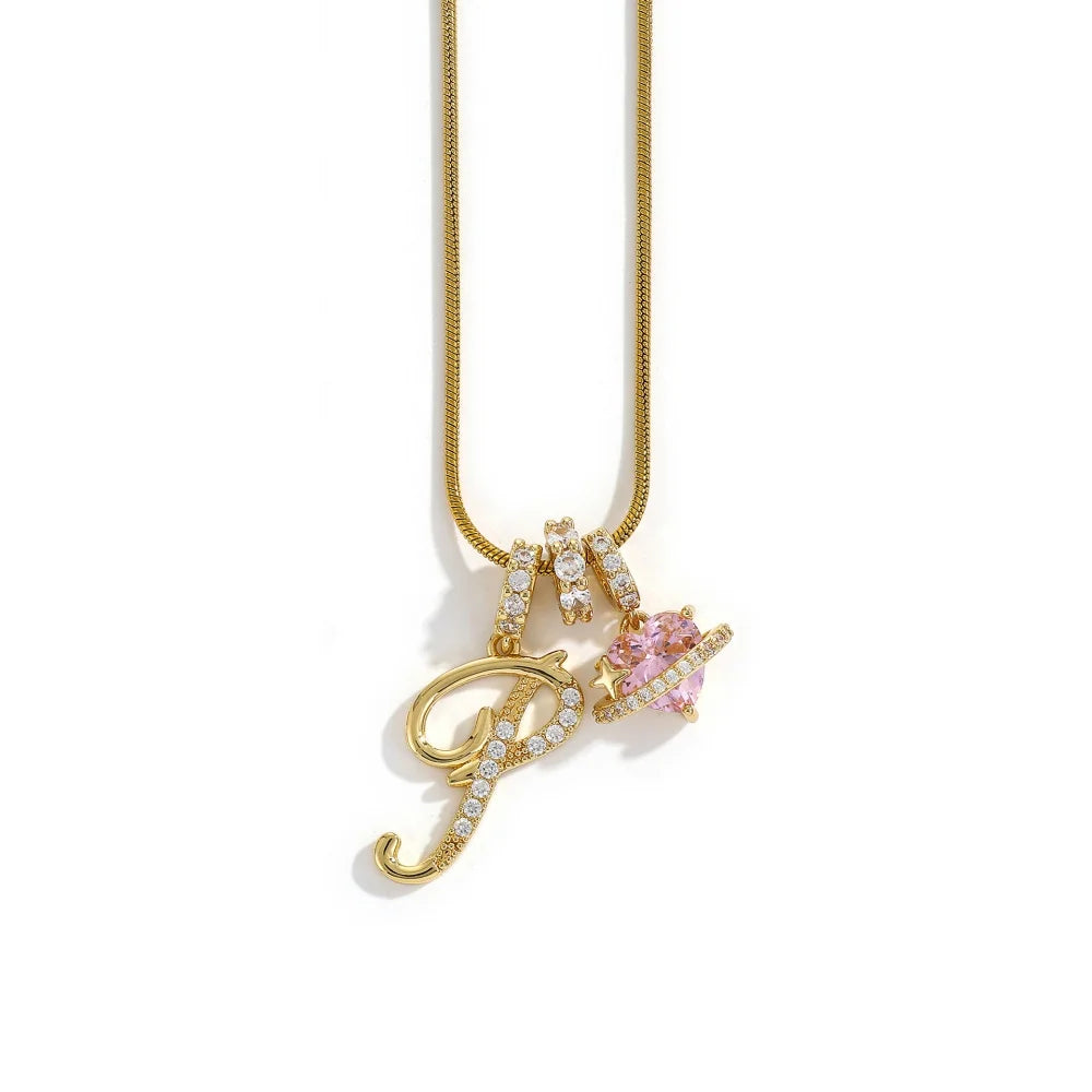 Gold Color Zircon Flower Pendant Necklace Female A-Z 26 Letter Alphabet Wedding Jewelry detail view