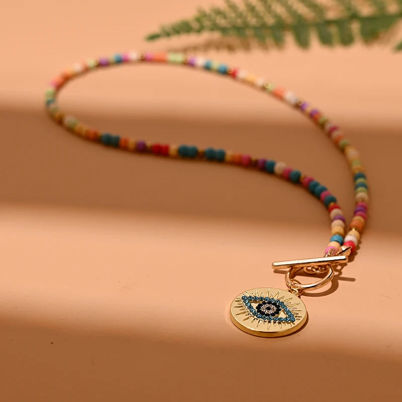 Colorful Stone Choker Necklace | Round Evil Charm Pendant for Women additional angle