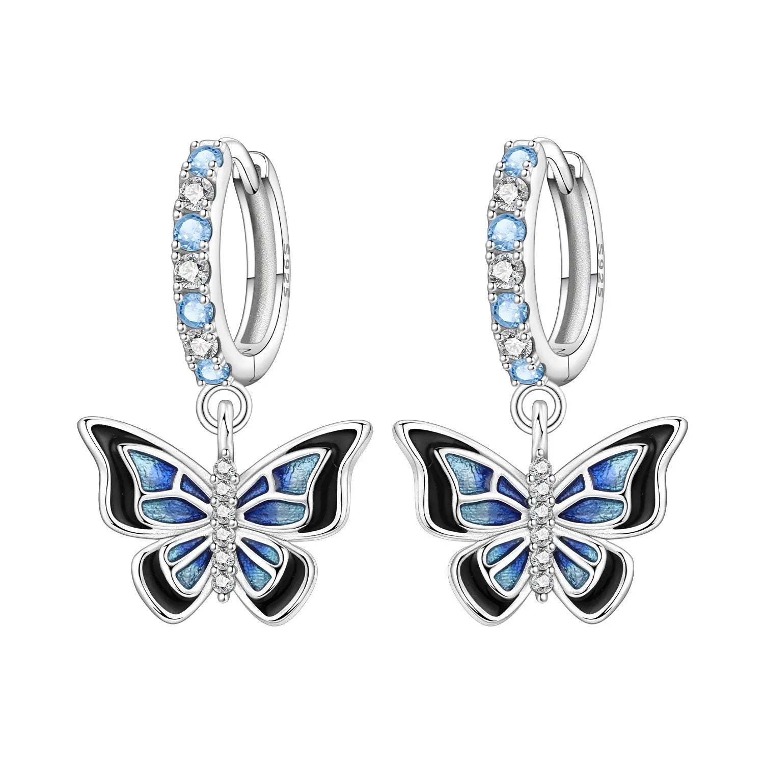 PANPOKI Original 925 Sterling Silver Double Butterfly Insect Earrings Women Hoop Ea additional angle