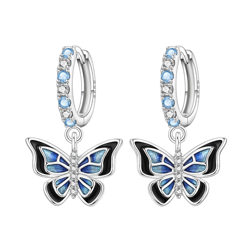 PANPOKI Original 925 Sterling Silver Double Butterfly Insect Earrings Women Hoop Ea additional angle