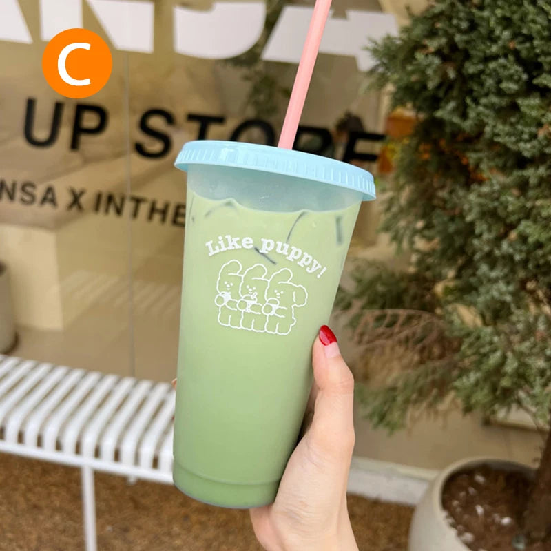 【Q】Water Bottle For Coffee Juice Milk Tea Kawaii Plastic Cold Cups With Lid Straw Por lifestyle view