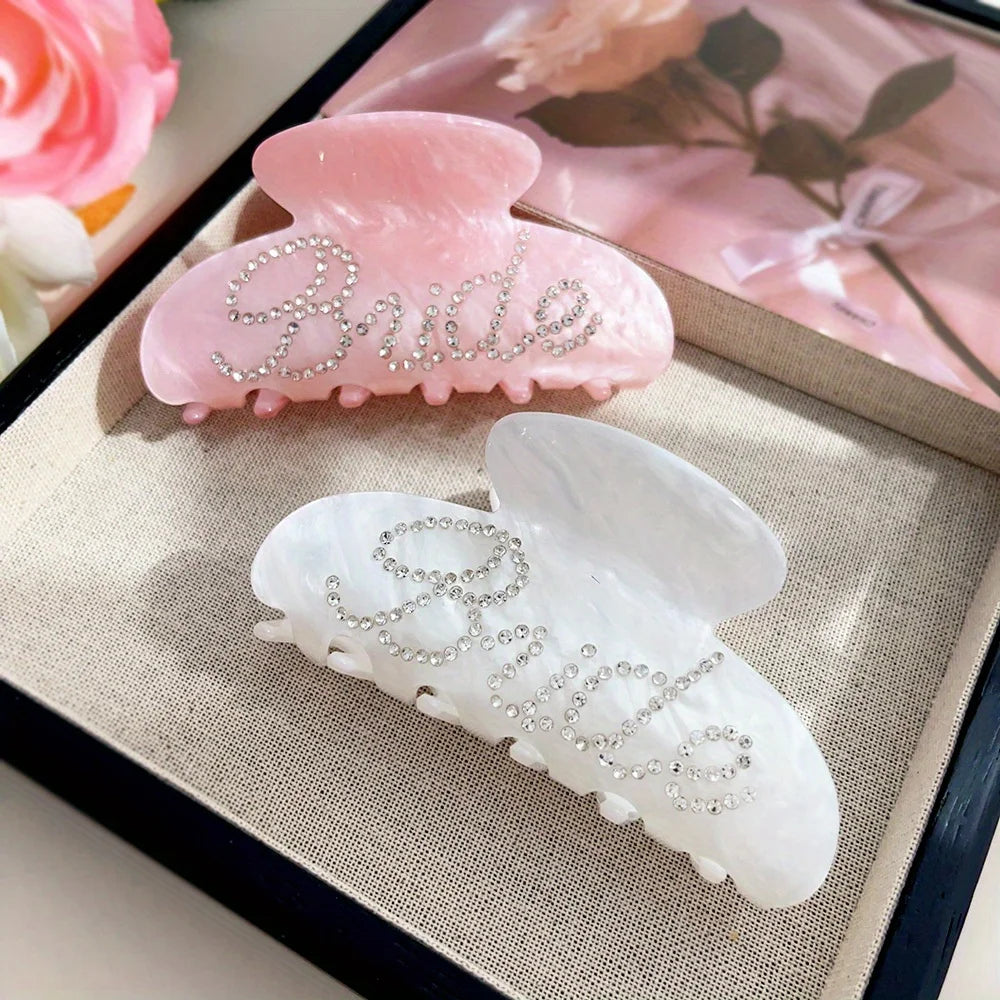 Elegant Shinning Rhinestone Bride Letter Big Acetate Hair Claw Clips for Women White alternate view