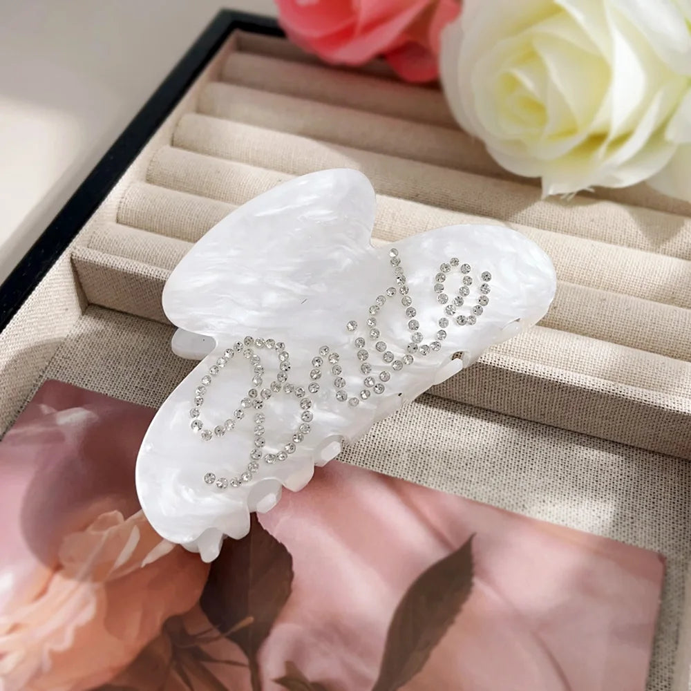 Elegant Shinning Rhinestone Bride Letter Big Acetate Hair Claw Clips for Women White Pin detail view