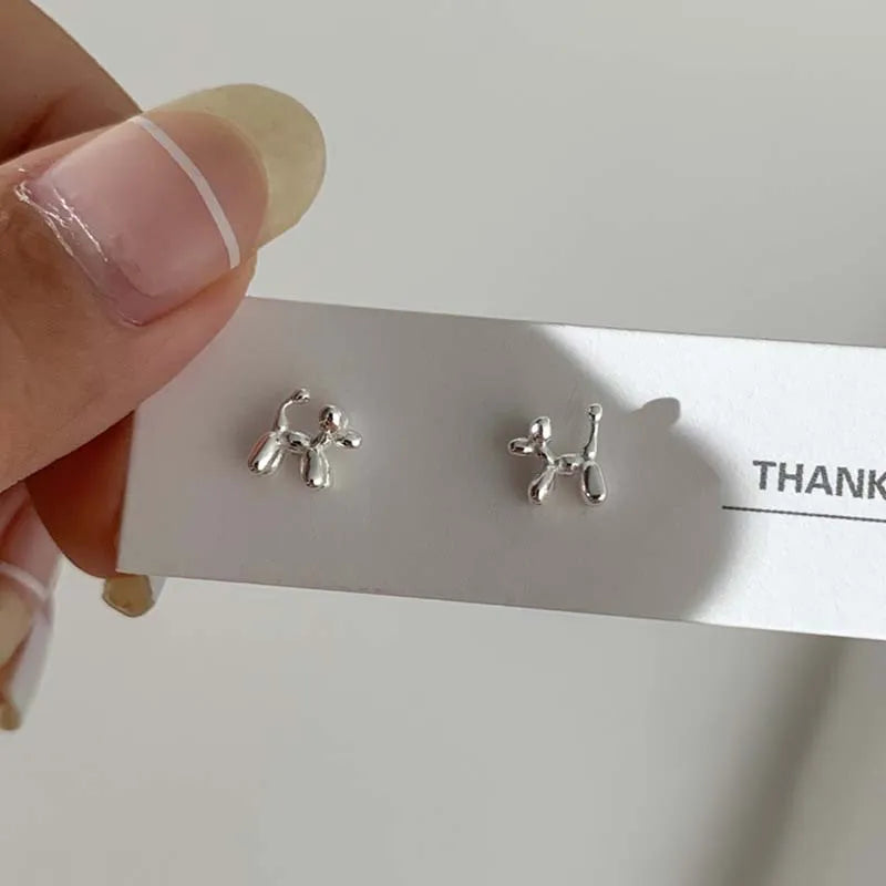 925 Sterling Silver Balloon Dog Stud Earrings | Fashion Animal Jewelry for Women Girls close-up view