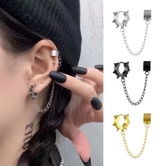 Cross Tassel Clip Earrings | Unisex Punk Hoop Earrings with Chain