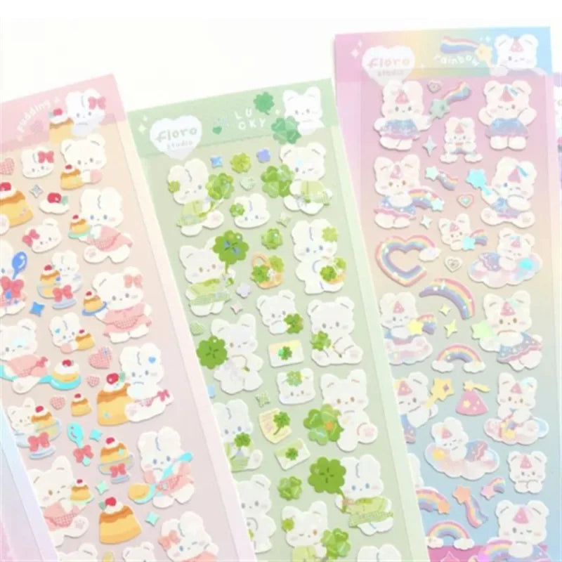 1pc Korean Cute Sticker Kawaii Bling Bunny Rainbow Four-leaf Pudding Sticker Waterpro alternate view
