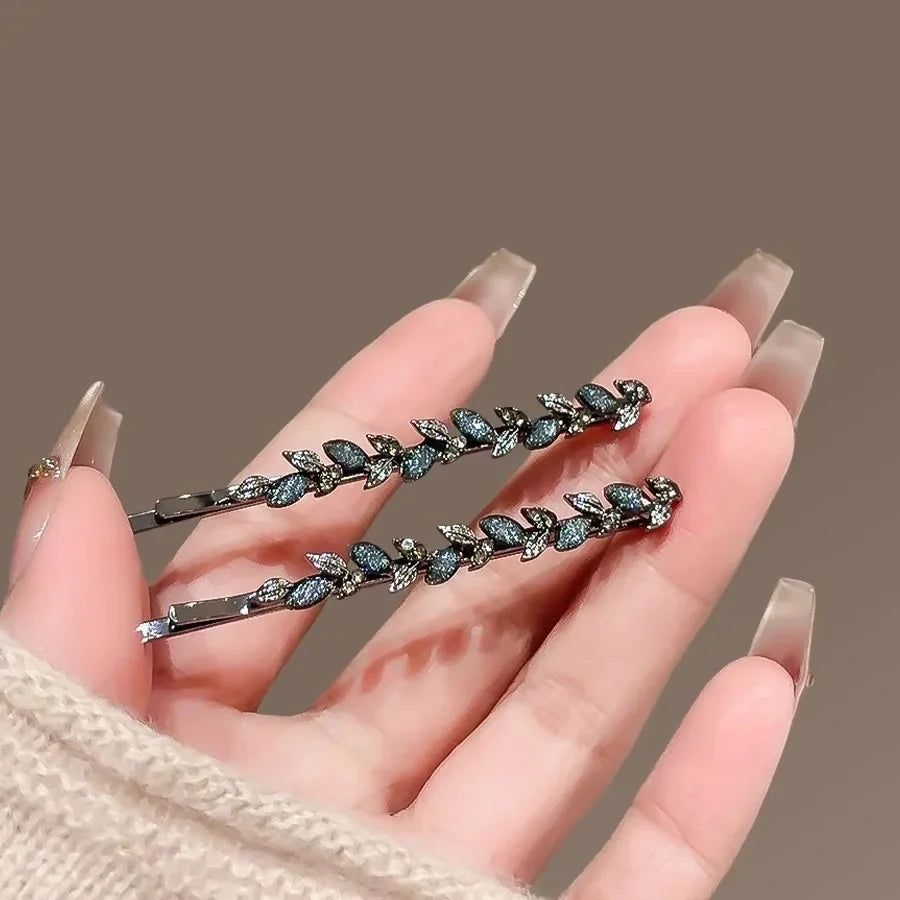 2Pcs/set Rhinestone Glaze Leaf Hairpin Cute and Sweet Women's Foredead Bangs Side Clip Metal One-word Clip Hair Accessories