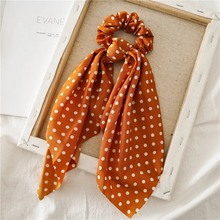Fashion Leopard Print Bow Satin Long Ribbon Ponytail Scarf Hair Tie Scrunchies Women Gir detail view
