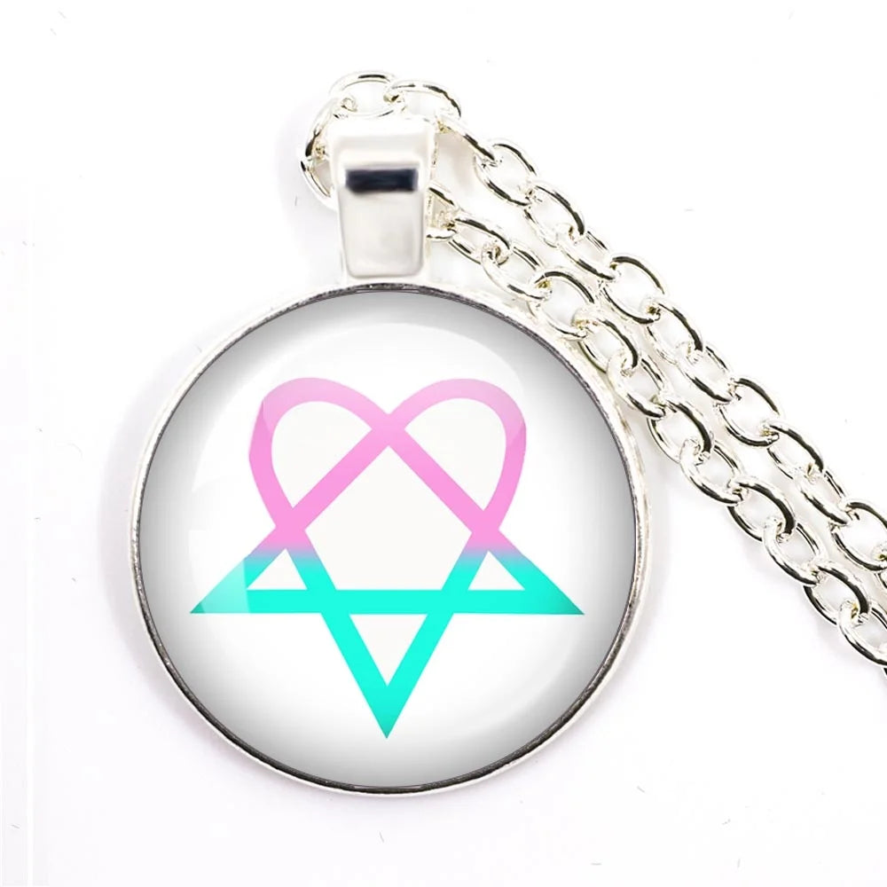 Hip Hop Rock Music Band Him Heartagram Glass Cabochon Pendant Star Heart Patten Necklace Chain Charm Necklace Jewelry Gift