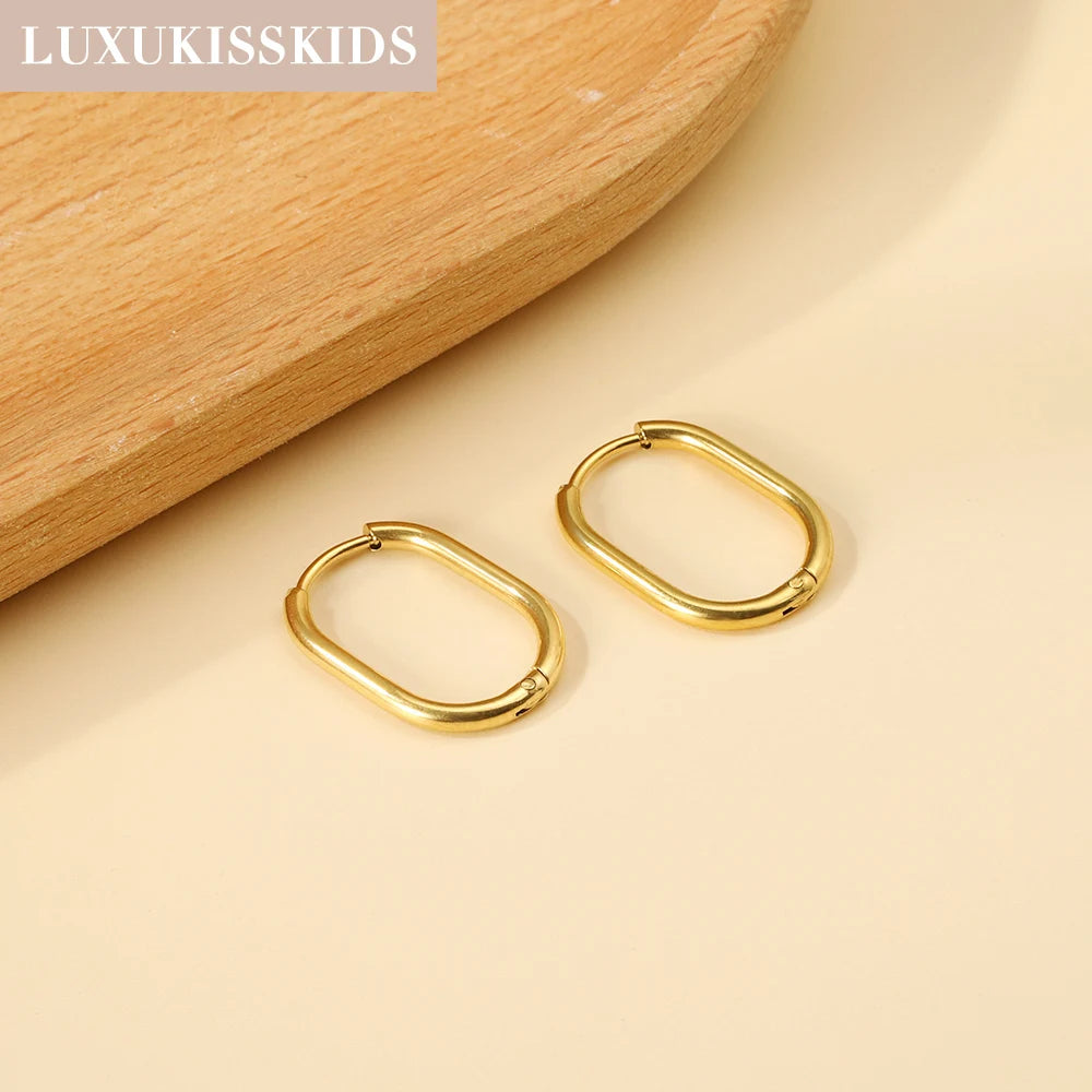 LUXUKISSKIDS Fashion Oval Hoop Earrrings Stainless Steel Elliptic Shape Silver/Gold Color 20MM Big Round Clips Smooth Mental Ear