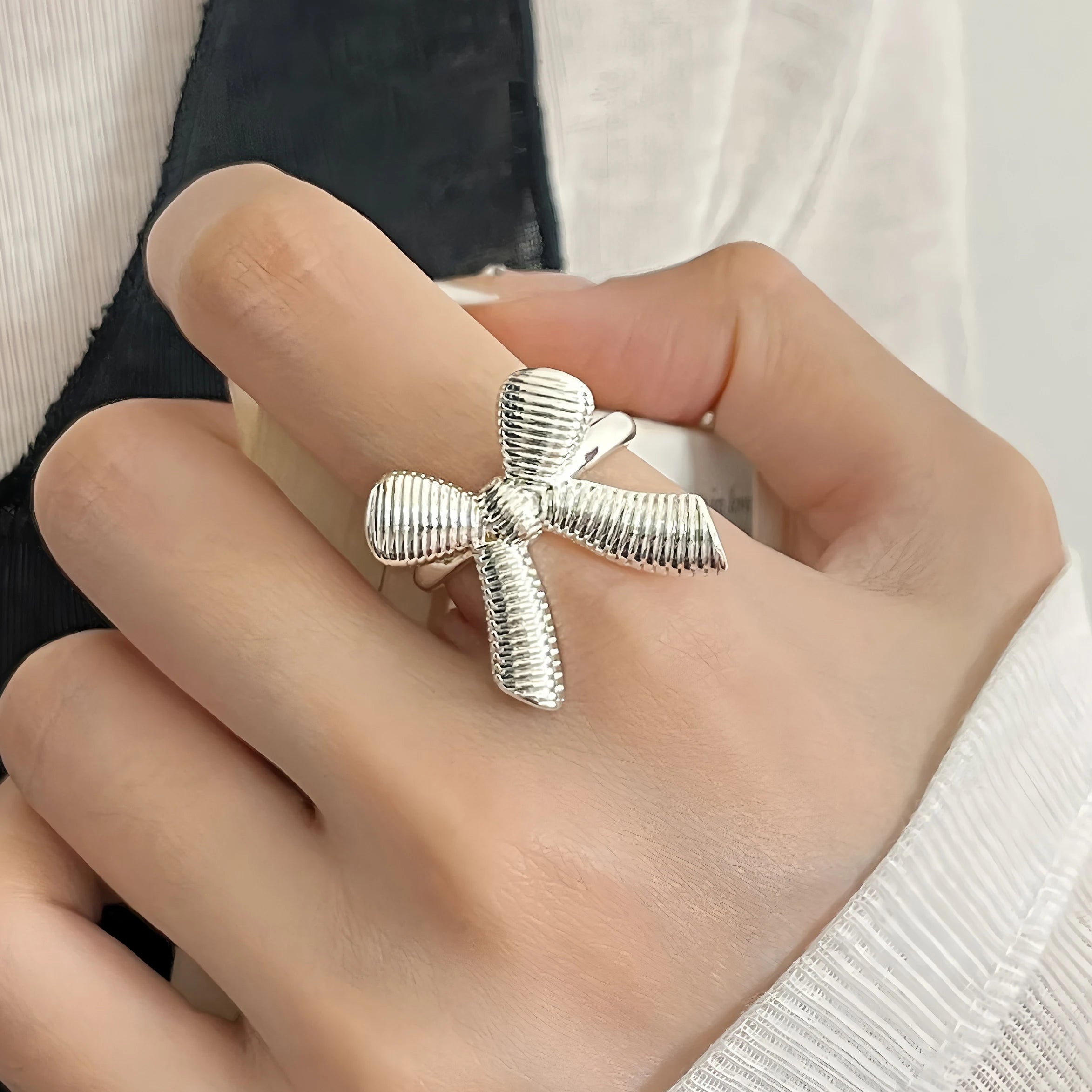 PANJBJ 925 Sterling Silver Frosting Geometry Ring for Women Wide Texture Versatile Han close-up view