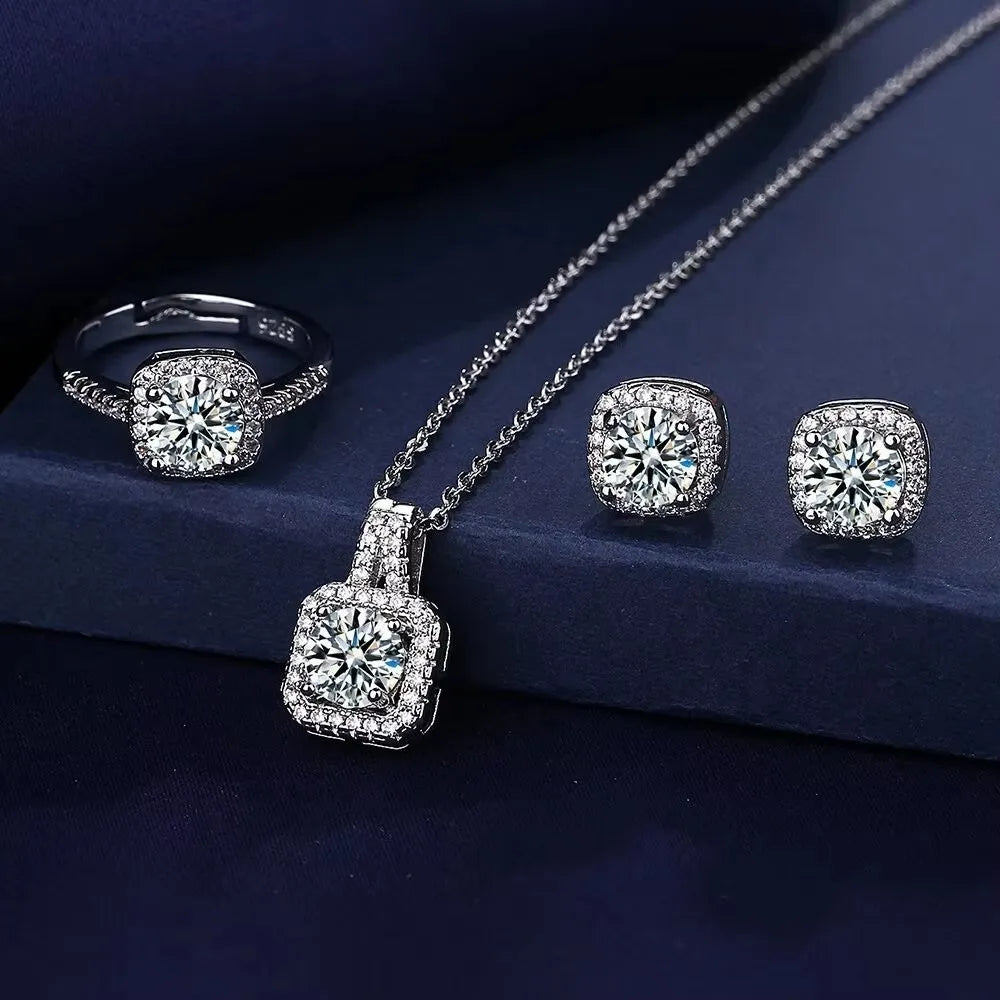 3pcs Set Necklaces Earrings Stud Ring CZ Stone Jewelry Set Silver Color Classic Women close-up view