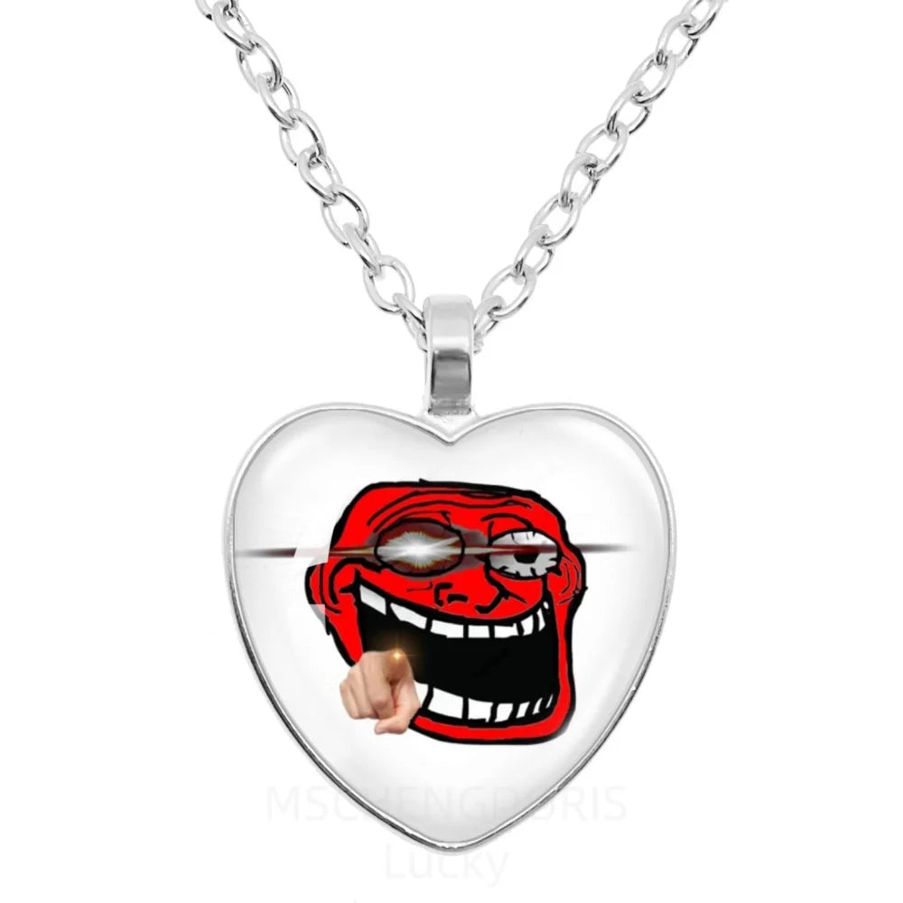 Rage Comic Necklace Derp Face Trollface Funny Meme Cartoon Glass Heart Shape Pendant Cha detail view