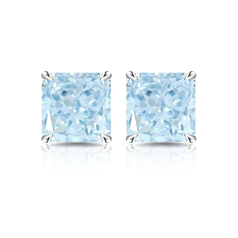 High Carbon Diamond Square 925 Sterling Silver Stud Earrings Premium Color Ice Flower lifestyle view
