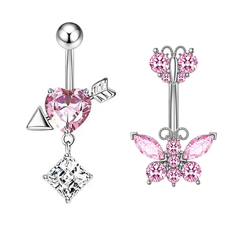 Stainless Steel Butterfly Belly Button Ring High Quality Pink Rhinestone Love Navel Pier detail view