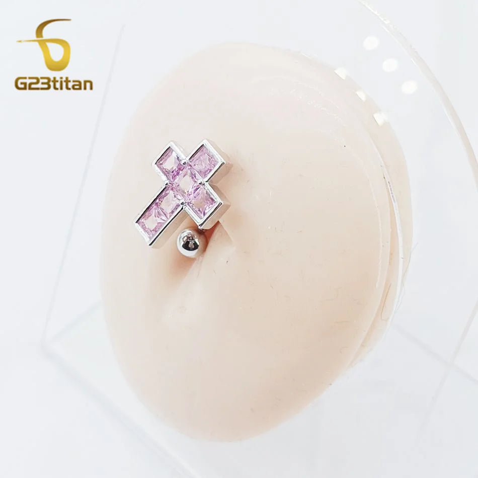 1.6mm 14G Titanium Bar Navel Ring Pink Zircon Cross 6-16mm CZ Short detail view