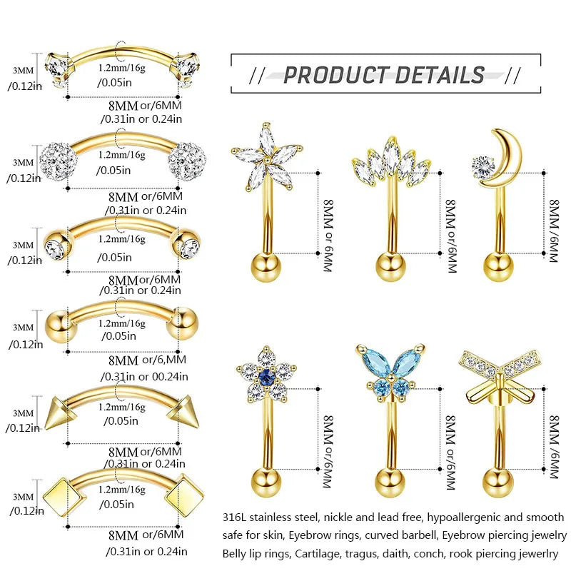 1/11Pcs 16G Eyebrow Rings for Women, Curved Barbell Belly Lip Rings Cartilage Daith Ea close-up view