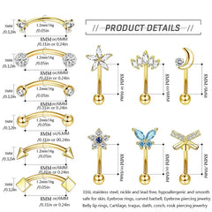 1/11Pcs 16G Eyebrow Rings for Women, Curved Barbell Belly Lip Rings Cartilage Daith Ea close-up view