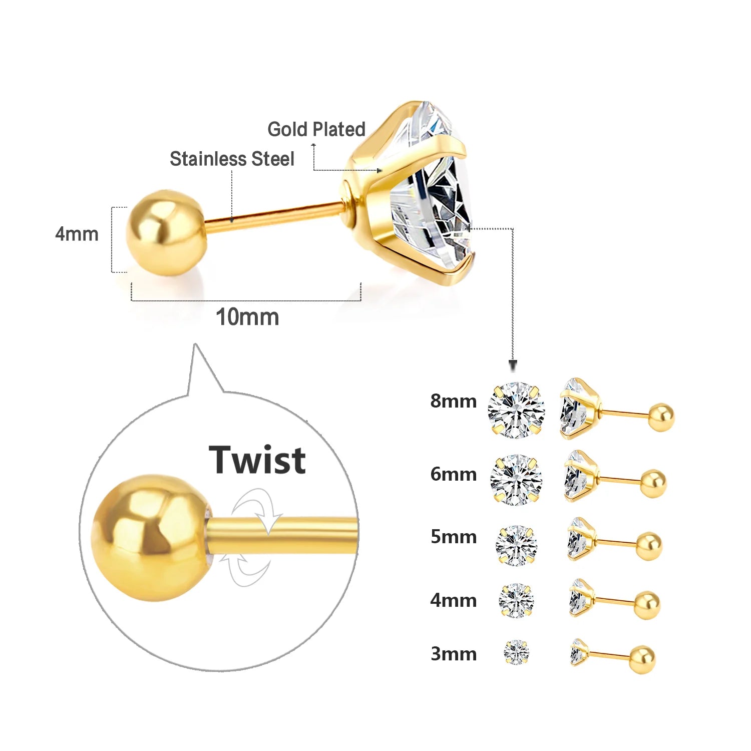 LUXUSTEEL Crystal Zircon Stud Earrings | Screw Back Round CZ Earrings for Men Women close-up view