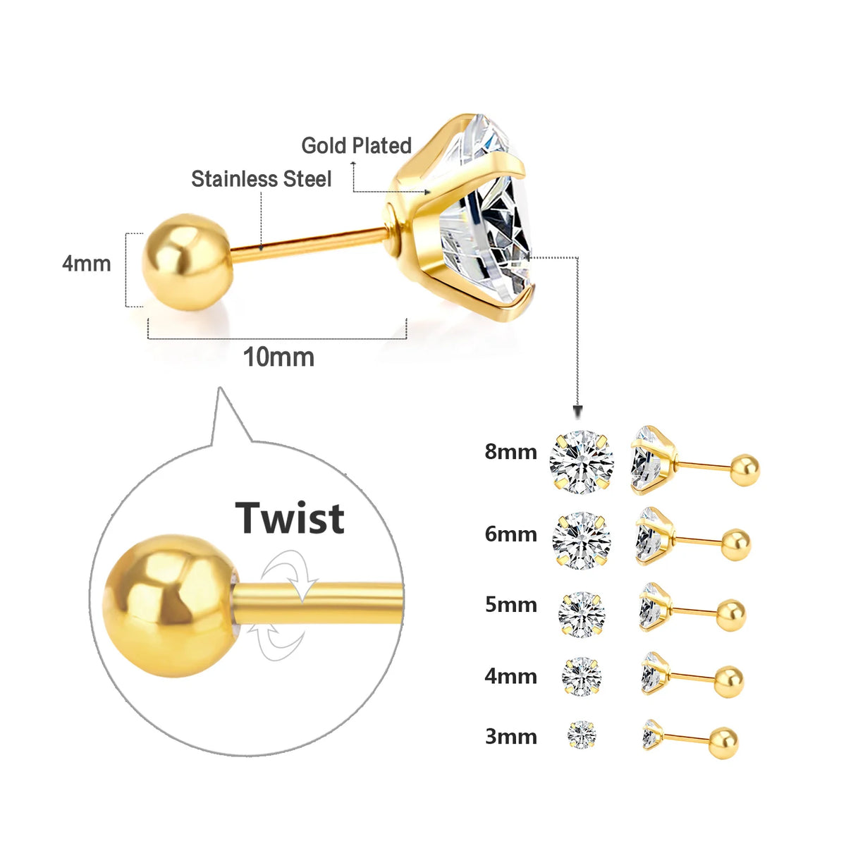 LUXUSTEEL Crystal Zircon Stud Earrings | Screw Back Round CZ Earrings for Men Women close-up view