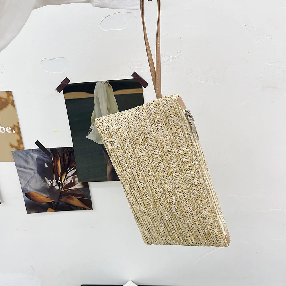 Woven Straw Clutch Wristlet | Bohemian Beach Handbag close-up view