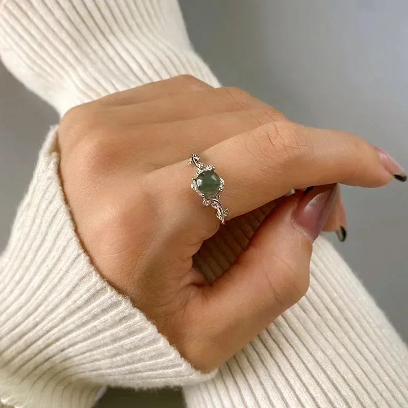 New S925 Sterling Silver Green Moss Agate Stone Ring for Women Engagement Jewelry Gift detail view