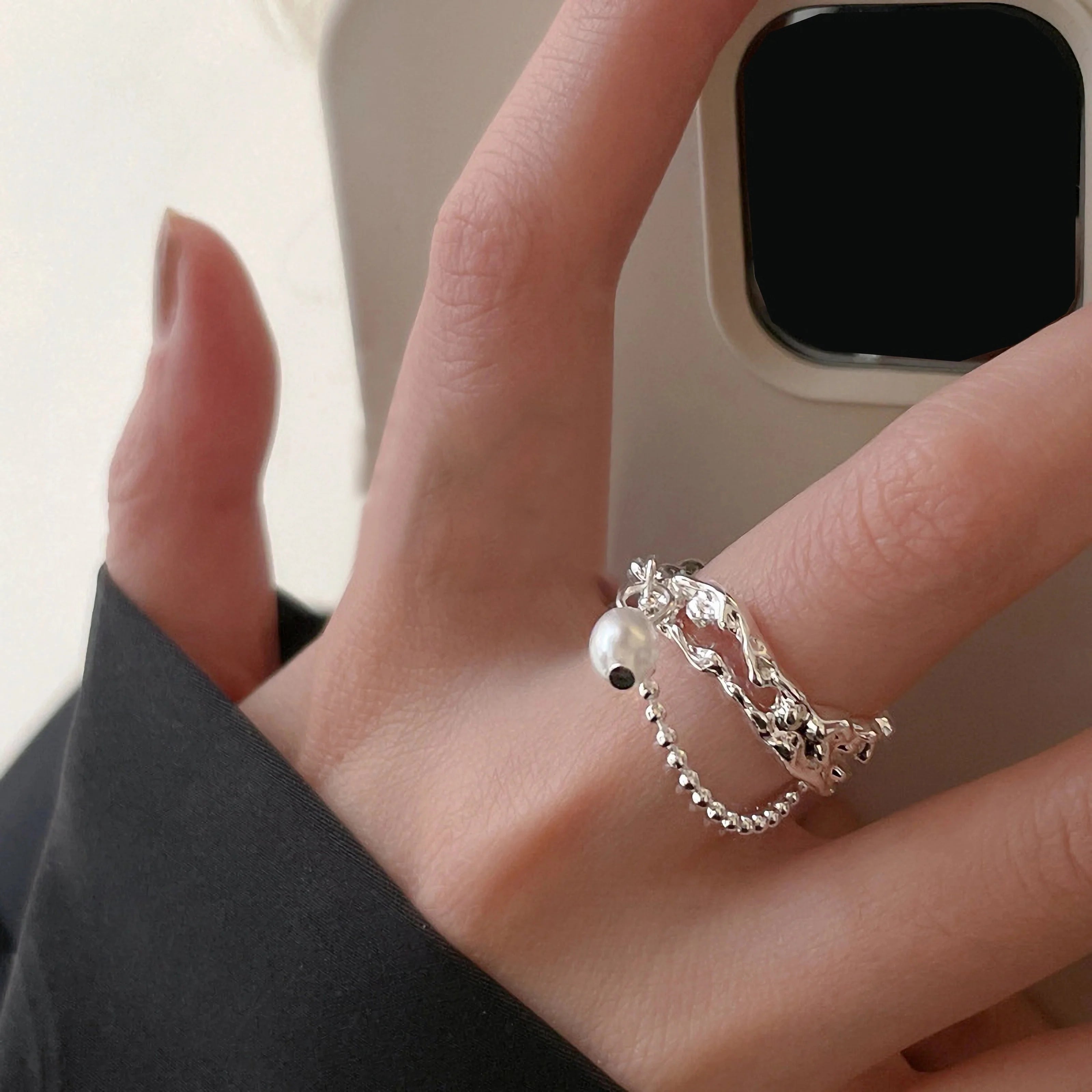 PANJBJ 925 Sterling Silver Pearl Irregular Ring for Women Shell Overlapping Hollow additional angle