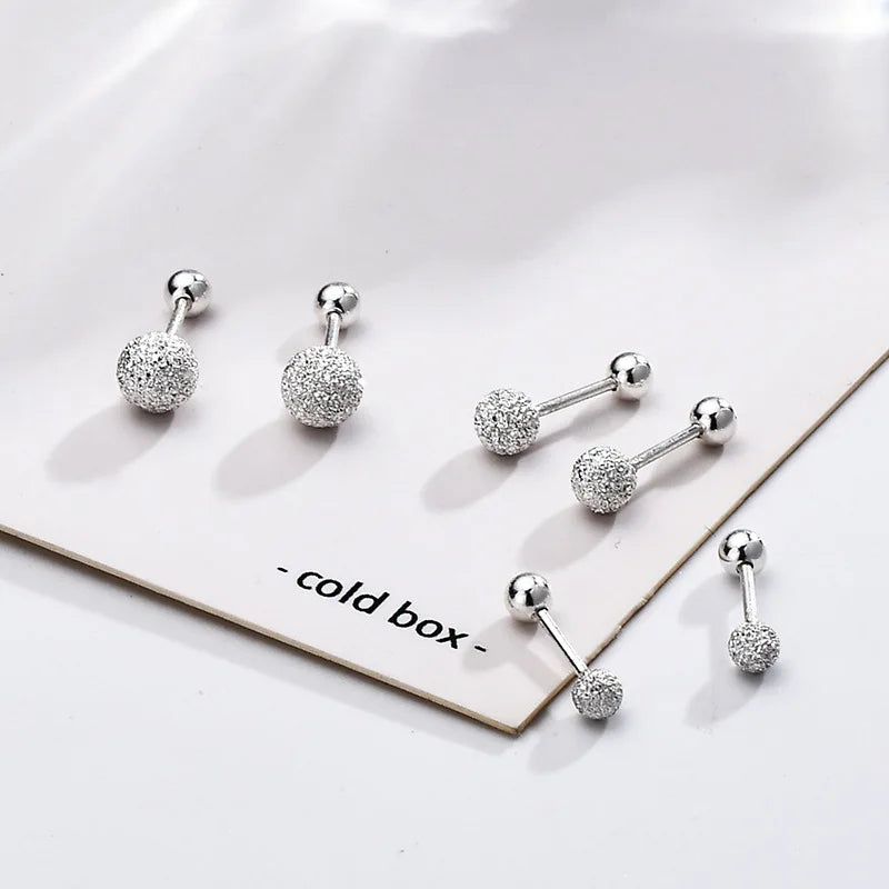 925 Sterling Silver Round Bead Double Stud Earrings for Girls Simple Screw Scrub Ball alternate view