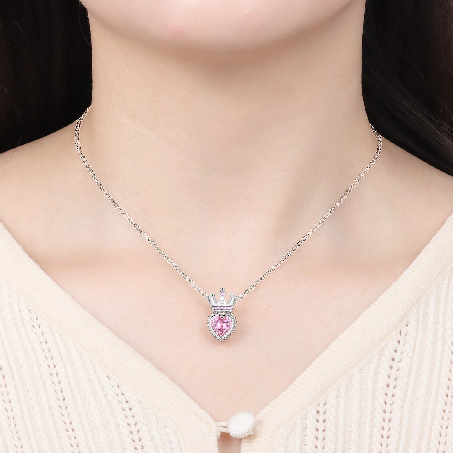 Romantic Pink Crown Heart Pendant Necklace Genuine 925 Sterling Silver Elegant Fine Jewe detail view