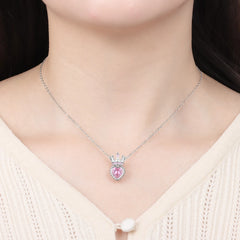 Romantic Pink Crown Heart Pendant Necklace Genuine 925 Sterling Silver Elegant Fine Jewe detail view