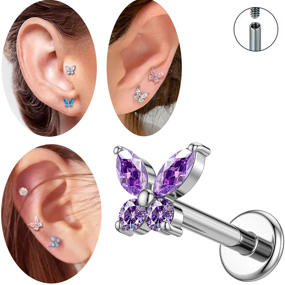 1PC G23 Titanium Butterfly Labret Piercing Lip Stud Cluster Zircon Tragus Flat Cart additional angle