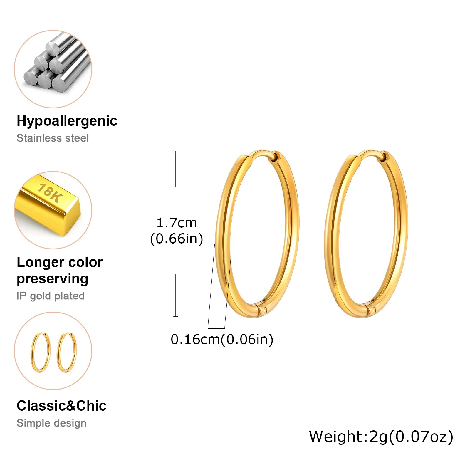 1Pair Round Circle Small Hoop Earrings for Women Men, Gold Plated Stainless Steel L additional angle
