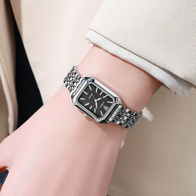 Women's Quartz Watch Rectangle Dial | Fashion Casual Steel Strap Watch close-up view