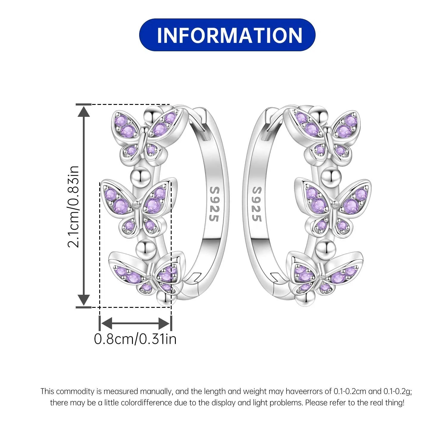 PANPOKI Original 925 Sterling Silver Purple Butterfly Insect Earrings Women Hoop Ea additional angle